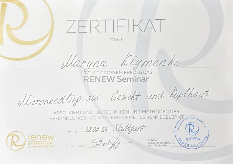 RENEW Seminar «Microneedling: 360° Gesicht und Kopfhaut» — Zertifikat-Scan