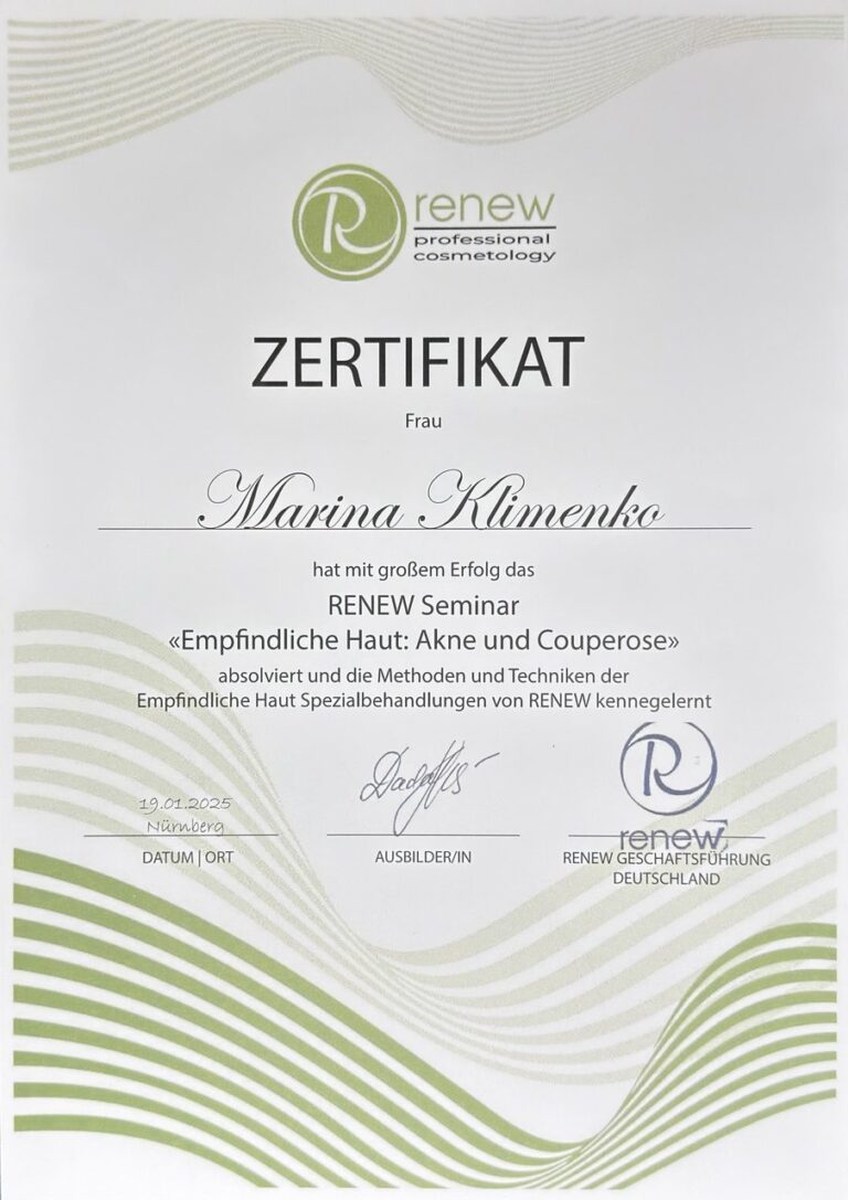 RENEW Seminar «Empfindliche Haut: Akne und Couperose» — Zertifikat-Scan