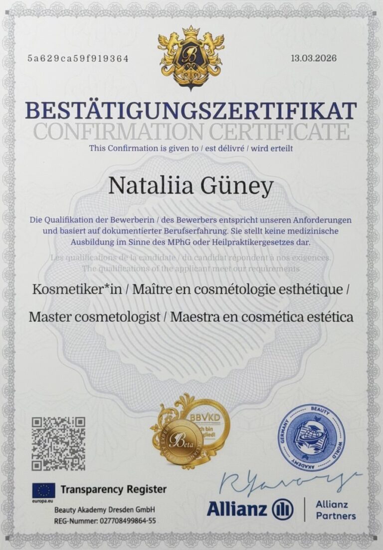 Bestätigungszertifikat / Confirmation Certificate — Kosmetiker*in / Master cosmetologist (Maître en cosmétologie esthétique) — Zertifikat-Scan