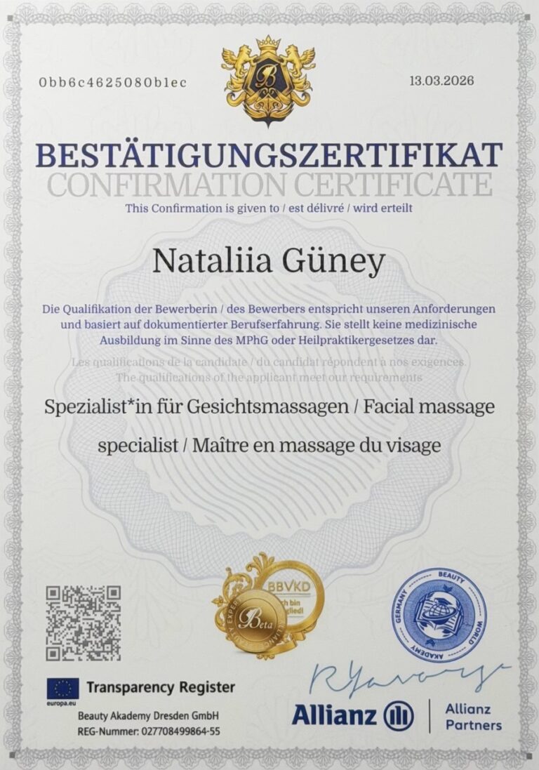 Bestätigungszertifikat / Confirmation Certificate — Spezialist*in für Gesichtsmassagen / Facial massage specialist (Maître en massage du visage) — Zertifikat-Scan